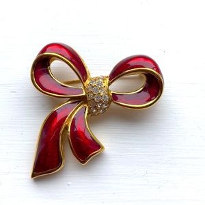 Stamped Monet Bow Brooch Red Enamel Rhinestones